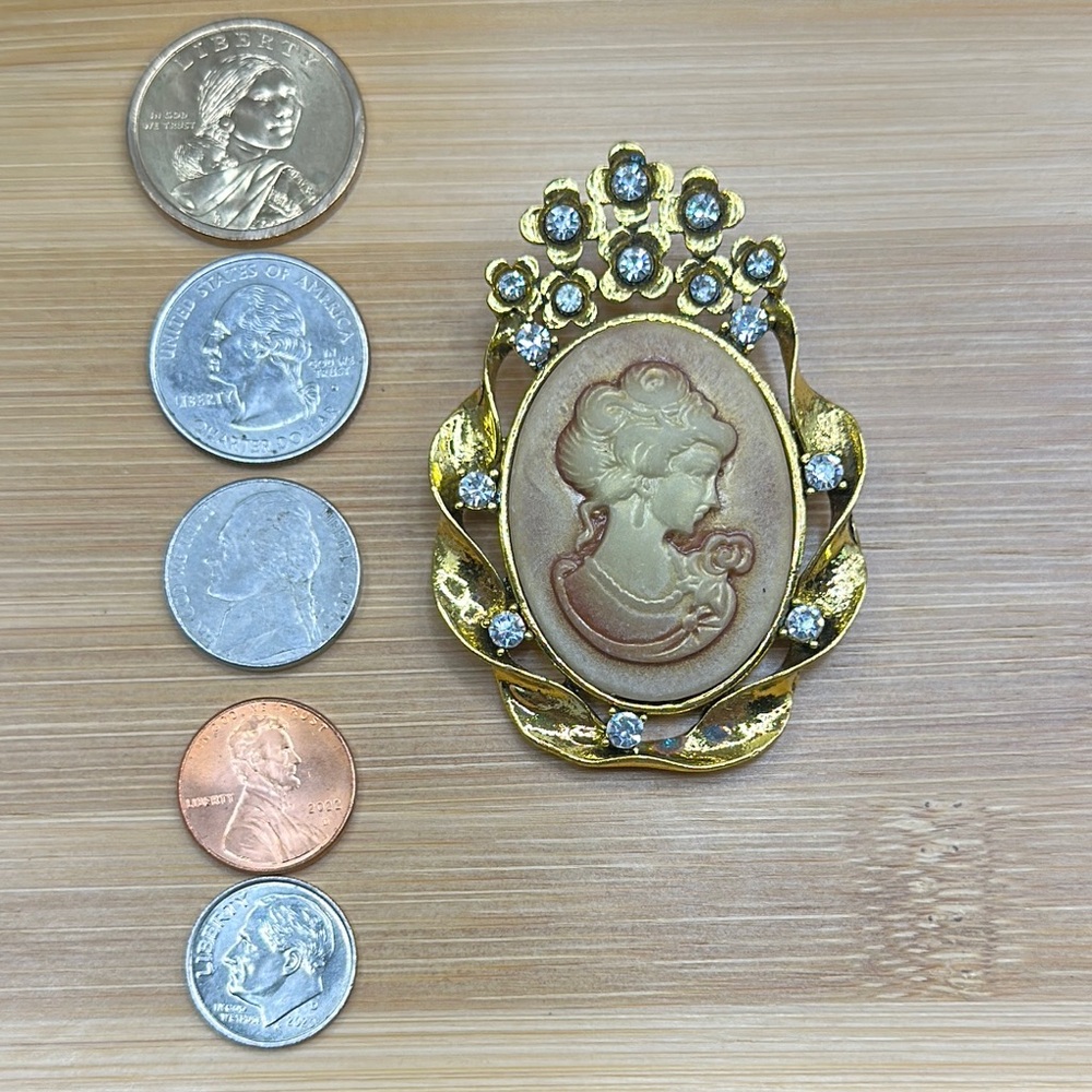 Gold and White Vintage Cameo Brooch 2” x 2 1/2”